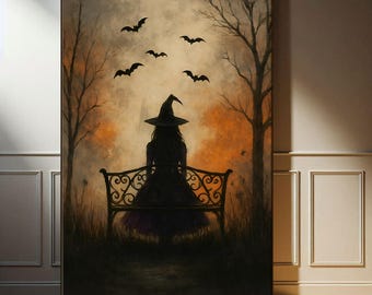 Witch in Fantasy Forest Painting Dark Moody Halloween Wall Art, Autumn Cottagecore Witchy Wall Decor, Halloween Decor with Witchy Gifts