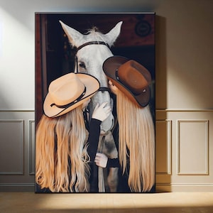 Mexican Western Cowgirl Wall Art, Mexico Cowgirls and White Horse Canvas Print, Cottagecore Farmhouse Decor, Feminine Aesthetic Gift for Her