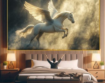 Arte de pared de caballo pegaso de fantasía, impresión de caballo, decoración de estilo cottagecore, póster de caballo con alas de mosca, elegante lienzo de caballo para regalo de amante de los animales.