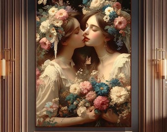 Victoriaanse lesbische kunst paar cadeau donker Cottagecore decor, lesbienne schilderij, LGBTQ Queer Art, sapphic poster, meisjes muur decor, lesbische geschenken