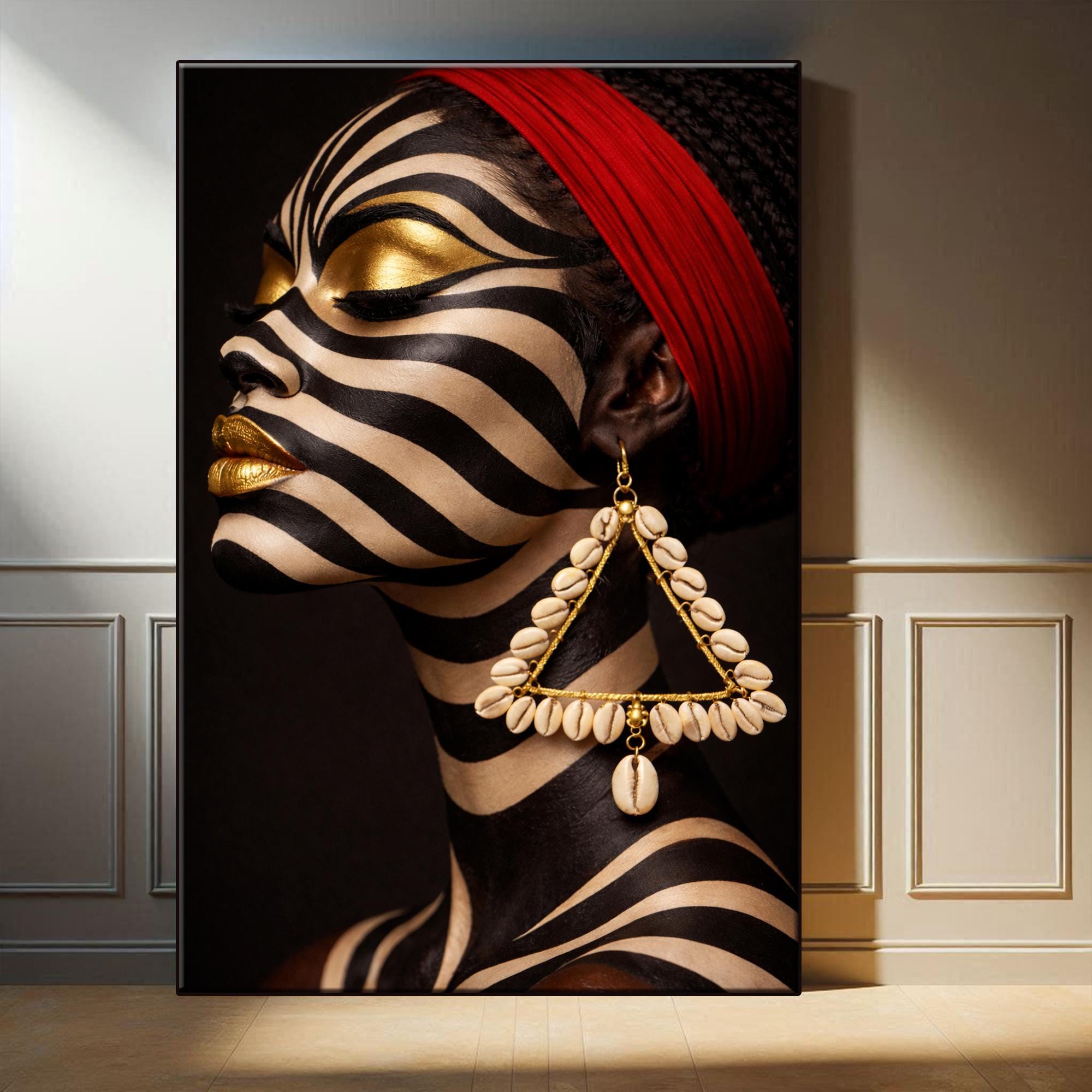 【ARTWORK STUDIO】PREMIUM ENAMELED BLACK Luxury Zebra Face Wall Art, Black Woman Gold Portrait Canvas, Afro