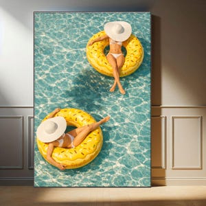 以下が含まれることがあります： プールにいる2人の人物が描かれた長方形のキャンバスプリント。それぞれが黄色の浮き輪に乗っています。白い帽子と水着を着用しています。水は水色で、壁にプリントが飾られています。