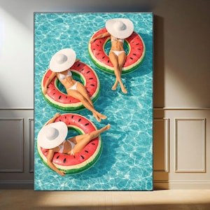 パームスプリングスプールのキャンバスウォールアート、スイカフロート夏のプールサイド装飾