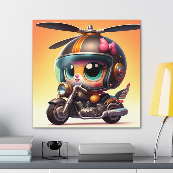 Littlest Pet Shop Graphic Printed Canvas,Custom LPS Mascot, Littlest is riding a Motorcycle Canvas,Toy Canvas Wall Art,Children's Room Decor