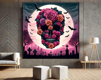 Full Moon Wildflowers Painting Night Landscape, Skull and Roses Poster, Dark Academia Art, Gothic Skull Decor, Gothic Lovers,Floral Wall Art