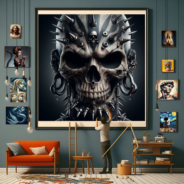 Titanium Piercing Skulls Face Canvas, Sugar Skull Canvas, Skull Picture Art, Silver Skull Poster,Metallic Skeleton Face Canvas Prints,canvas