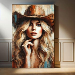 Art mural de cow-girl côtière BCBG, toile western moderne avec impression de chapeau de cowboy femme, décoration d'automne Cottagecore, cadeau esthétique féminin pour elle