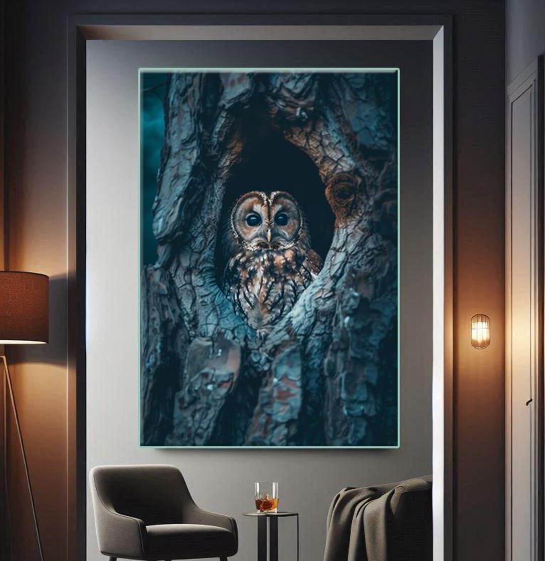 Rustic Owl in Tree Hollow Canvas Print, Animal Wall Art, Mystical ...