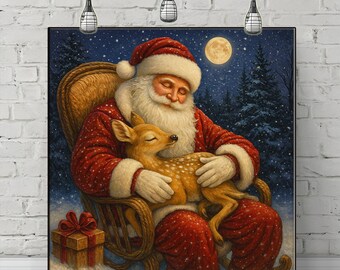 Santa and Reindeer Canvas Print: Christmas Wall Art for Holiday Decor