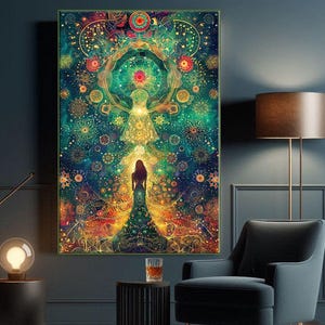 Art mural bohème énergie féminine, affiche de yoga chakra, décoration zen spirituelle psychédélique pour des espaces de vie conscients et esthétiques, art mural spirituel