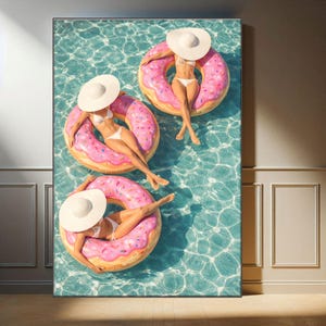 パームスプリングスのプールをモチーフにした美しいキャンバスプリント、ピンクのドーナツフロートが夏のウォールアート