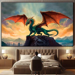 Majestätischer Drache Leinwanddruck, Gothic Aquarell Drachen Druck, Fabelwesen Kunst, Verzauberte Wanddekoration, Dark Academia Dragon Poster