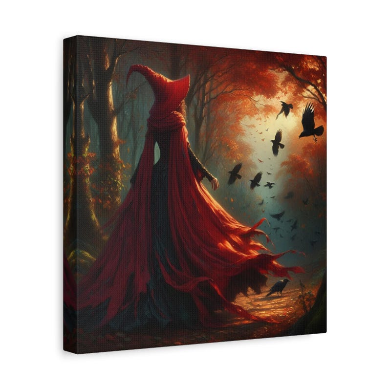 Enchanted Journey, Red Riding Hood Art, Fairytale Canvas, Halloween