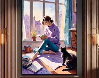 Cozy Reading Woman and Cat Wall Art, Cat Lover Art, Peaceful Book Lover Print for Home Library Decor, Cat Mom Gift, Cozy Reading Nook Decor