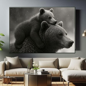 Mama Bear and Baby Bear Canvas Wall Art, Bear Painting, Farmhouse Rustic Wall Decor, Animals Lover Gift, Wildlife Poster, Nursery Wall Decor