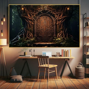 Enchanted Forest Door Canvas Wall Art, Mystical Tree Gate Fantasy Print, Secret Garden Decor, Fairytale Woodland Artwork, Fantasy Wall Art