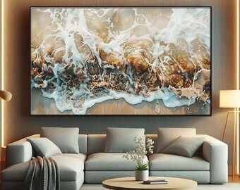 Lienzo decorativo con olas costeras rompiendo en la naturaleza, arte mural costero oceánico, decoración costera, arte mural náutico, decoración de playa, regalo de inauguración de la casa