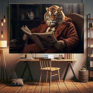 Tiger Reading Art Print, Cool Cats Read Books, Library Decor Book Lover Gift, Anthropomorphic Animal Wall Art, Regal Tiger Wall Art