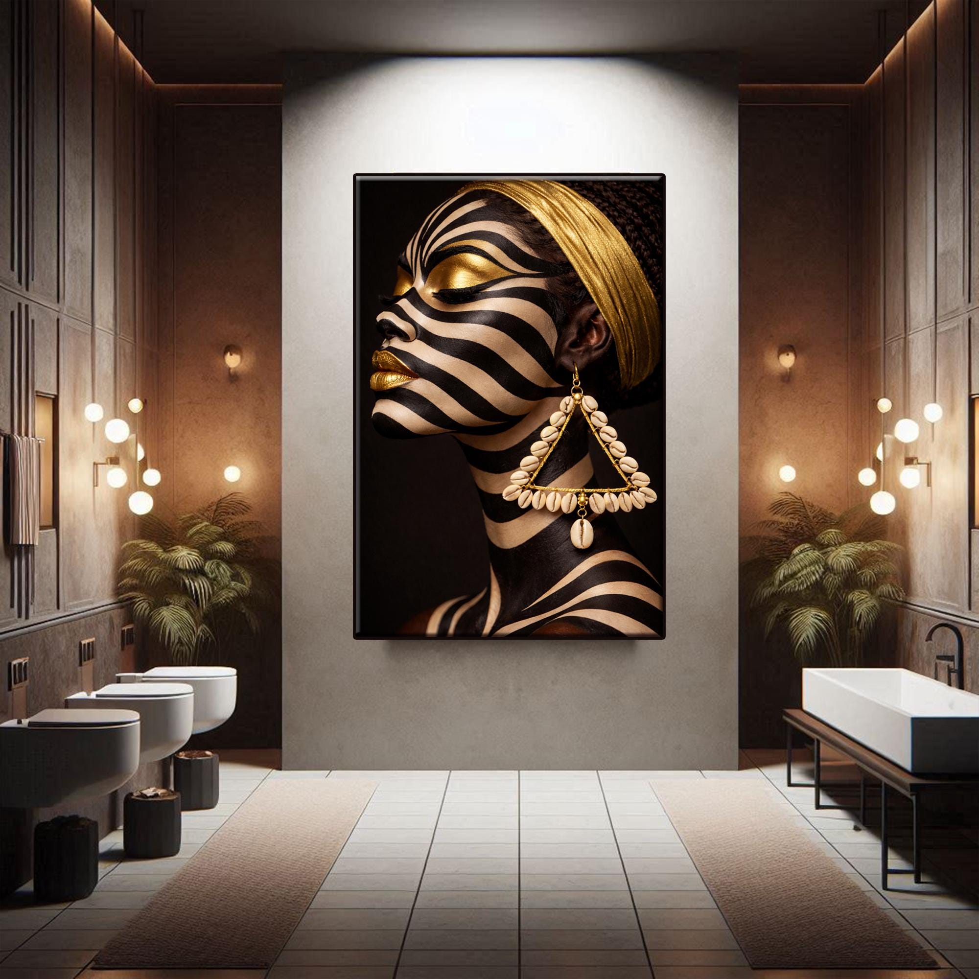 Black Woman Wall Art, Zebra Face Gold Portrait Canvas, Afrocentric