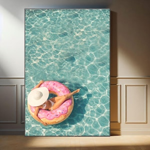 パームスプリングス プール キャンバス ウォールアート、ピンクのドーナツフロート 夏のプールサイド装飾