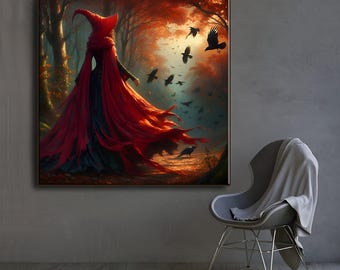 Autumn Witch Canvas Print: Vintage Halloween Wall Art for Witchy Fall Halloween Decor