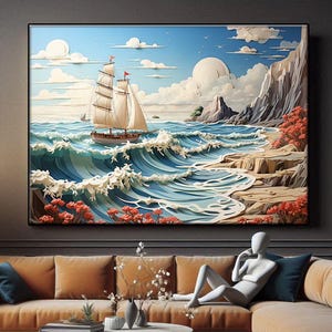 Abstract Blue Ocean Wave Painting Canvas Wall Art, Unique Summer Beach Wall Art, Blue Sea Wall Art, Nautical Wall Decor, Modern Coastal Art