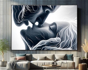 Moderne abstracte paarkuskunst, intieme paarkunst, modern slaapkamerdecor, uniek cadeau voor koppels, paarkus canvas, romantisch muurdecor