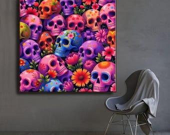 Canvastavla med blommig skalle: Mexikansk blommig väggkonst för gotisk heminredning
