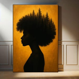 Schwarze Frau Fantasy Wald Wand Kunst, Cottagecore Dekor, schwarze Kunstdrucke, elegante schwarze Mädchen Wandkunst, feminines ästhetisches Geschenk für sie