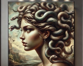 Griechische Mythologie Statue Medusa Göttin Leinwand Wandkunst, Antike Skulptur Wandkunst, Gothic Wanddekor, Schlangenkopf Frau, Göttlich Weiblich
