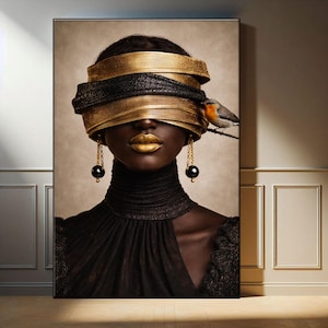 May include: A portrait of a person with dark skin, gold lips, and gold and black headwear. The person wears black clothing and gold earrings with black spheres. A small bird perches on a branch near the person's head. The artwork is framed.