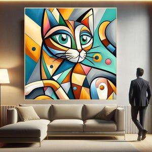 Modern Abstract Picasso style Cat Cubist Canvas Wall Art, Cat Lover Gift, Geometric Wall Art, Colorful Modern Art Print, Housewarming Gift,1