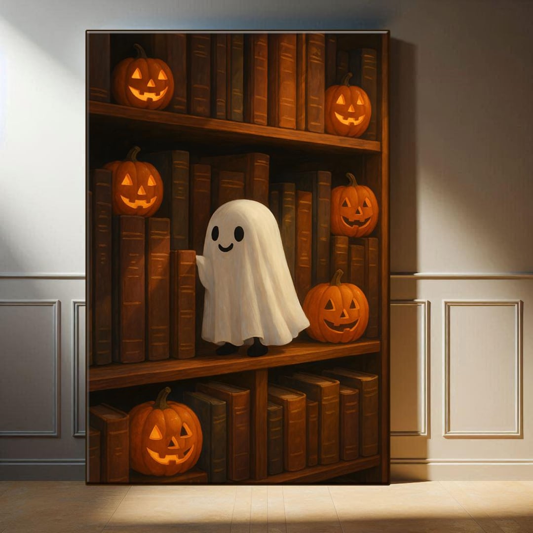Cute Ghost Reading Book Wall Art, Halloween Library Decor, Cottagecore ...
