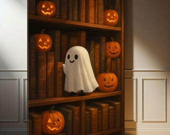 Arte mural de fantasmas leyendo libros, decoración de biblioteca de Halloween, impresión de fantasmas estilo cottagecore, arte de Dark Academia, regalo de lectura para rincón de lectura, regalos para amantes de los libros