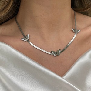Butterfly Silver Necklace, Butterfly Statement Necklace, Dainty Silver Necklace Butterfly, Sterling Butterfly, Snake Chain, Wing Necklace