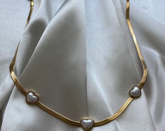 Golden Pearly Heart Necklace, Italian Chain, Strength Necklace, Mother's Day Gift, Handmade Jewelry, 316L Stainless Steel, Gift For Her