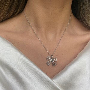 Silver Coquette Necklace, Bow Herringbone Chain, Ribbon Necklace, Silver Bowtie Dainty Choker Necklace, Ribbon Charm Necklace, Bow Pendant