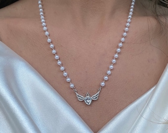 Romantic Pearl Angel Wing Heart Detail Necklace, Pearl Heart Wing Necklace, Princess Necklace, Coquette Bridal Necklace, Angel Wing Necklace