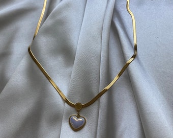 Golden Pearly Heart Necklace, Stainless Steel Necklace, Italian Chain, Strength Necklace, Mother's Day Gift, Handmade Jewelry, 316L Steel