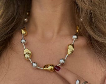Gold and Silver Two Tone Necklace Set, Mixed Metals Gold and Silver Chunky Chain, Carabiner Gold and Silver Statement Necklace