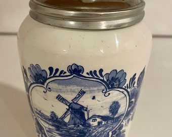 Vintage Dutch Delft Blue Sugar Dispenser from Holland with Windmill Motif