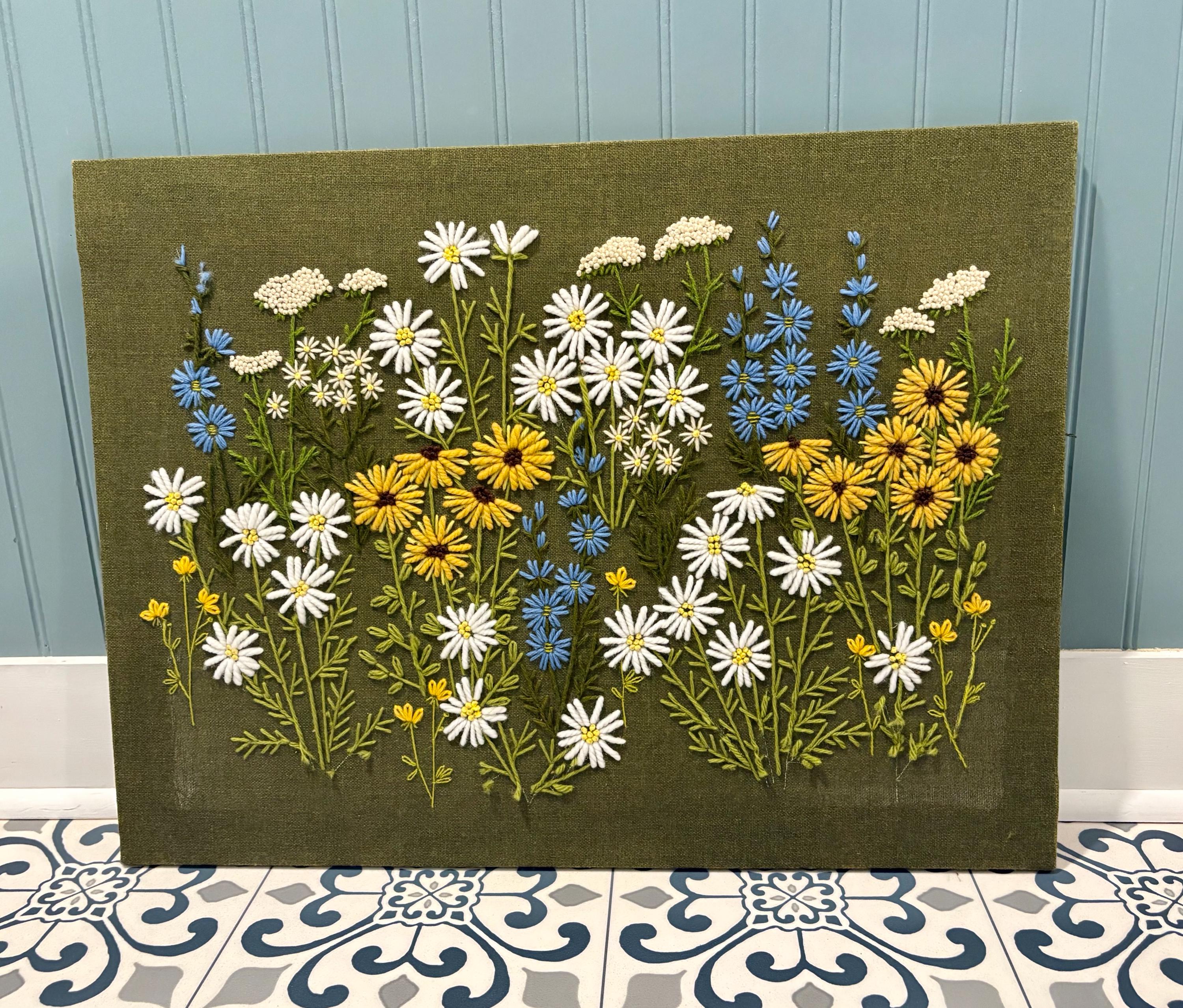 Vintage Paragon Needlecraft Crewel Embroidery Wall Art Decor Wildflowers Daisies Bluebonnets No Frame