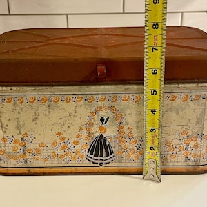 Puede incluir: Panera vintage de metal con tapa marrón oxidada y diseño floral con una mujer con un vestido negro. La panera mide 15 cm de alto.