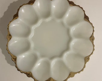 Vintage Milk Glass Deviled Egg Plate with Gold Trim