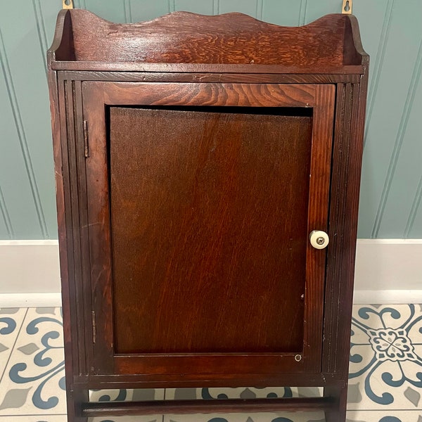 Vintage Wood Medicine Cabinet with White Knob and Towel Rack (No Glass Mirror)