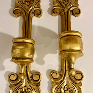 Vintage MCM Hollywood Regency Style Wood Gold Wall Sconce Candleholders