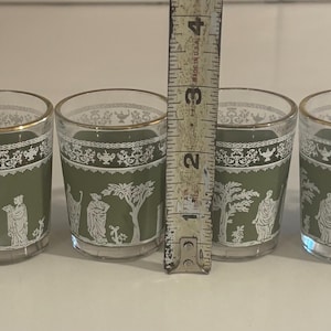 Set of 6 Vintage Jeanette Glass Wedgwood Style Hellenic Greek Roman Shot Glasses in Green and White