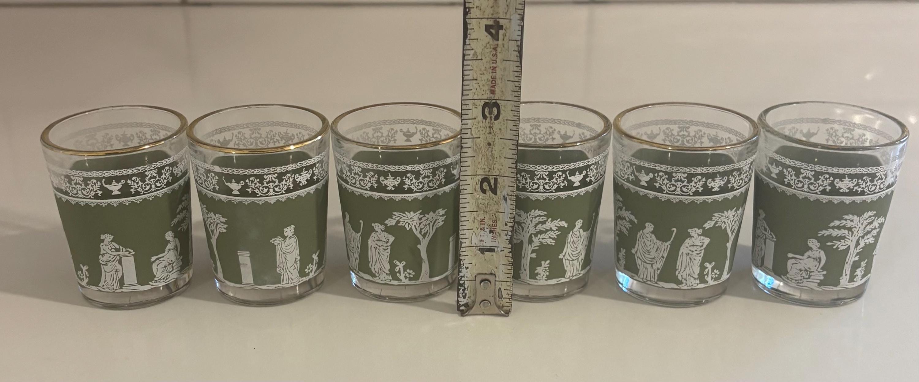 Set of 6 Vintage Jeanette Glass Wedgwood Style Hellenic Greek Roman Shot Glasses in Green and White