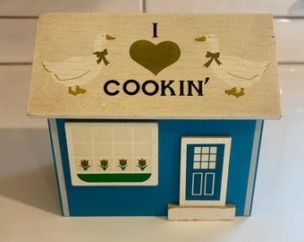 Vintage Goose Geese I Love Cookin Recipe Box in Dusty Blue