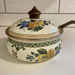 Vintage Asta Germany Enamel Sauce Pan with Floral Design